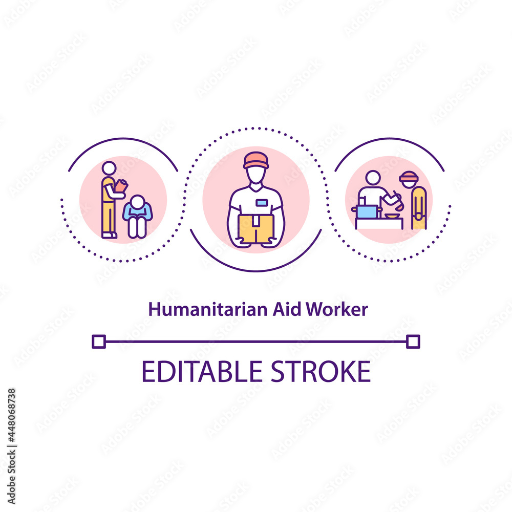 Humanitarian aid worker concept icon. Medical supplies donation, sending and hosting volunteer organisation abstract idea thin line illustration. Vector isolated outline color drawing. Editable stroke