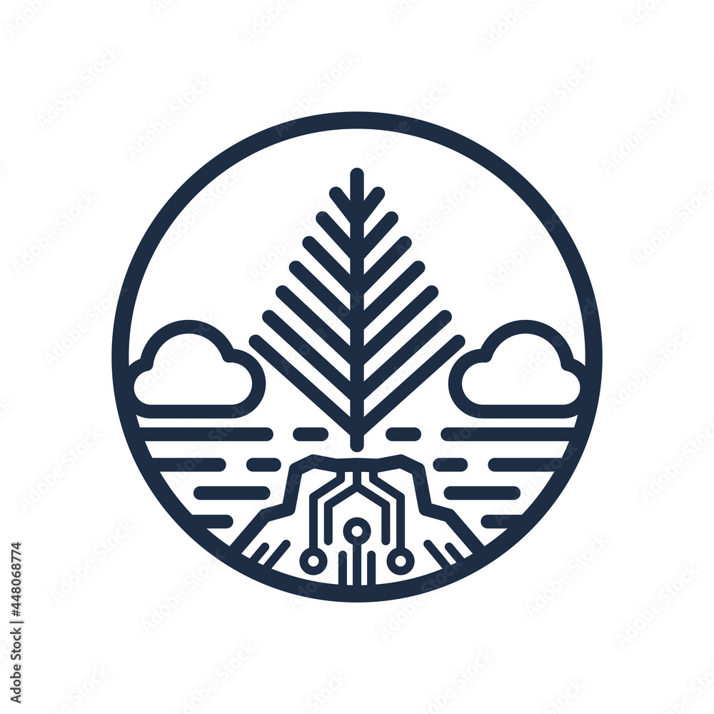 concept logo icon with trees, clouds and beach in lines. tech logo concept in retro style. concept logo icon with trees, clouds and beach in lines. tech logo concept in retro style.