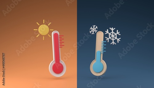 Temperature contrast cold and heat weather minimal thermometer symbol 3D rendering illustration