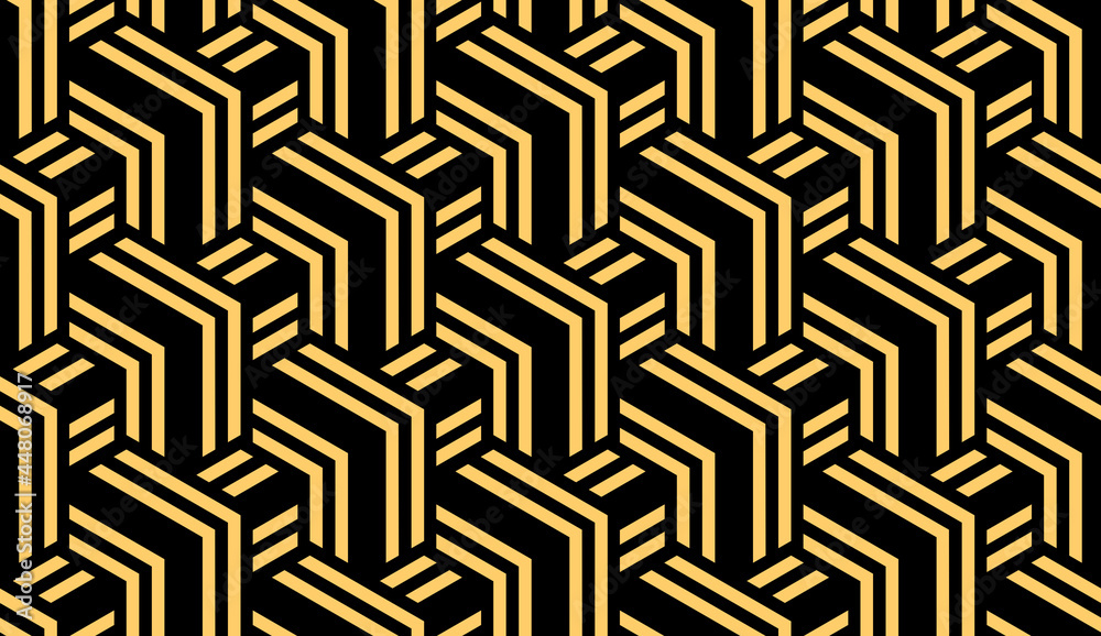 Abstract geometric pattern with stripes, lines. Seamless vector background. Gold and black ornament. Simple lattice graphic design Abstract geometric pattern with stripes, lines. Seamless vector background. Gold and black ornament. Simple lattice graphic design