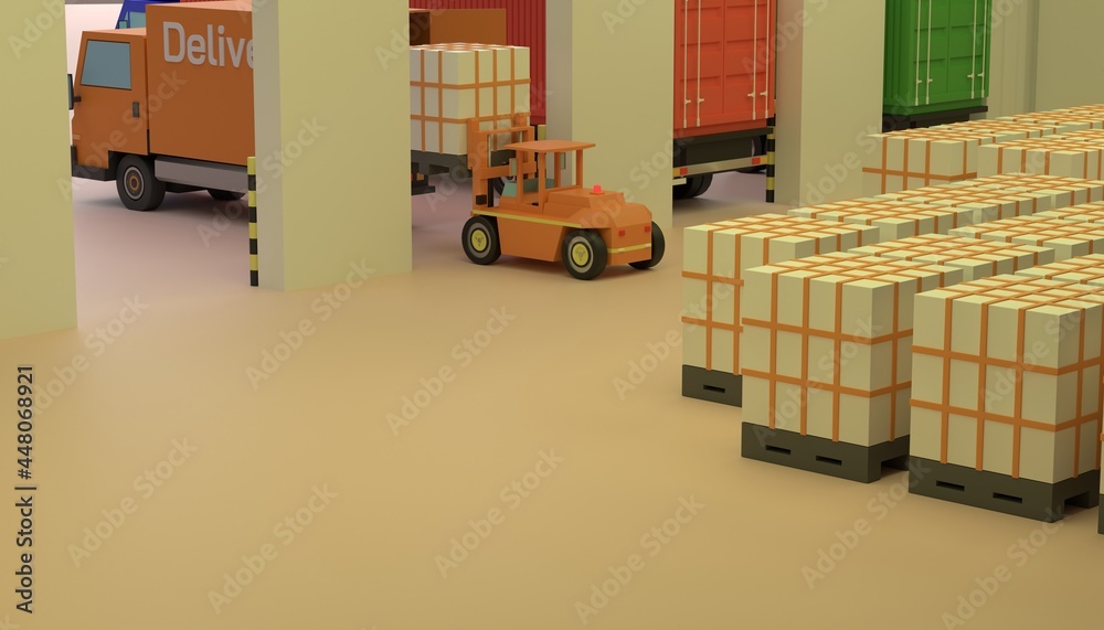 Forklift carry cargo package to the truck at warehouse or storehouse ...
