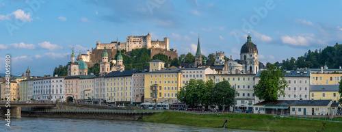 Salzburg, Austria; 1 August, 2021 - A view of the Hohensalzburg. It is a large medieval fortress in the city of Salzburg, Austria. It sits atop the Festungsberg at an altitude of 506 m