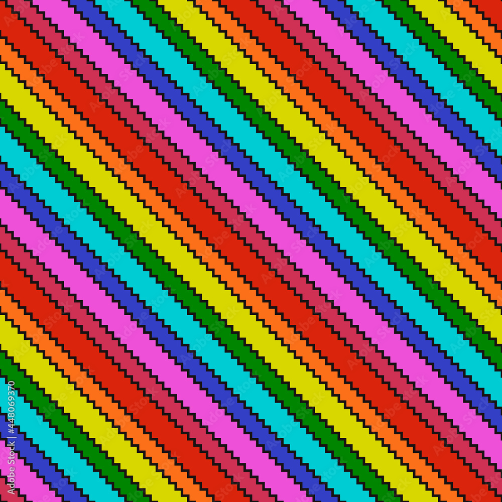 Rainbow pixelated diagonal stripes. Vector multicolor seamless lines. Pixel colorful texture pattern. 8bit rainbow repeated layers.