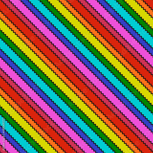 Rainbow pixelated diagonal stripes. Vector multicolor seamless lines. Pixel colorful texture pattern. 8bit rainbow repeated layers.