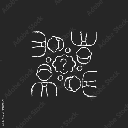 Collective thinking chalk white icon on dark background. People and question mark. Effective business conversation. Sharing ideas in group. Isolated vector chalkboard illustration on black