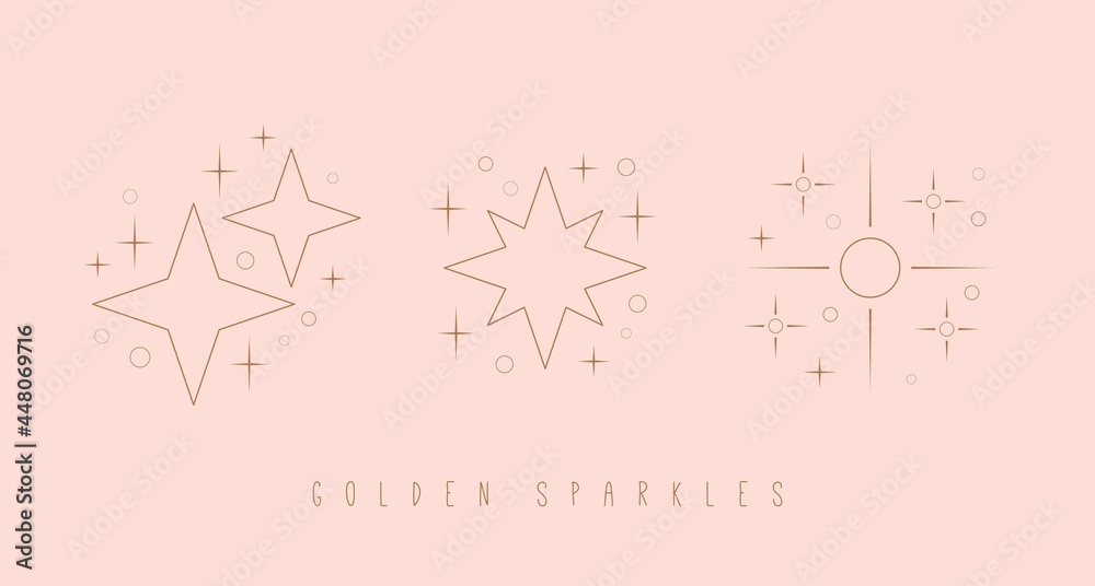 Obraz premium Outline twinkle Stars. Golden Sparkles. Various shapes. Minimalistic Icons. Elegant thin line simple geometric design. Party, celebration concept. Trendy Vector set. All elements are isolated on pink