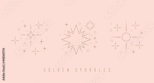 Outline twinkle Stars. Golden Sparkles. Various shapes. Minimalistic Icons. Elegant thin line simple geometric design. Party, celebration concept. Trendy Vector set. All elements are isolated on pink