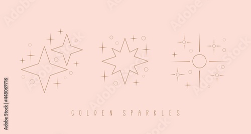 Outline twinkle Stars. Golden Sparkles. Various shapes. Minimalistic Icons. Elegant thin line simple geometric design. Party, celebration concept. Trendy Vector set. All elements are isolated on pink