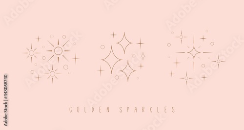 Outline twinkle Stars. Golden Sparkles. Various shapes. Minimalistic Icons. Elegant thin line simple geometric design. Party, celebration concept. Trendy Vector set. All elements are isolated on pink