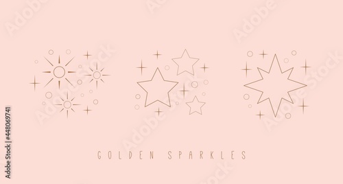 Outline twinkle Stars. Golden Sparkles. Various shapes. Minimalistic Icons. Elegant thin line simple geometric design. Party, celebration concept. Trendy Vector set. All elements are isolated on pink