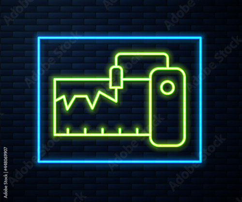 Glowing neon line Electrical measuring instrument icon isolated on brick wall background. Analog devices. Measuring device laboratory research. Vector