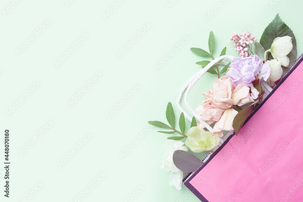 Obraz premium Multy purpose fresh flower composition. International Women's day, mother's day greeting concept.