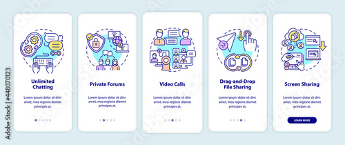 Business messaging option onboarding mobile app page screen. Work service walkthrough 5 steps graphic instructions with concepts. UI, UX, GUI vector template with linear color illustrations