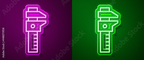 Glowing neon line Calliper or caliper and scale icon isolated on purple and green background. Precision measuring tools. Vector