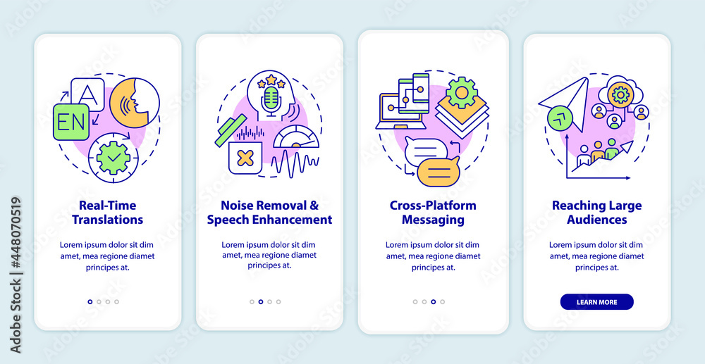 IM advanced feature onboarding mobile app page screen. Cross platform messaging walkthrough 4 steps graphic instructions with concepts. UI, UX, GUI vector template with linear color illustrations