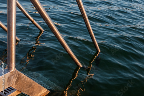 detail of swimming ladder in blue water at sundown © Max Pelikan