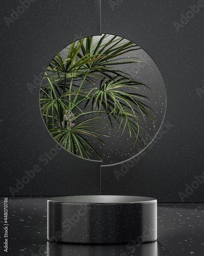 Black podium stage stand on tropical tree background for product placement 3d render