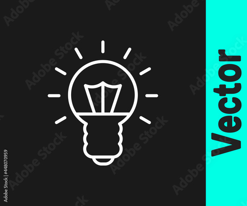 White line Light bulb with concept of idea icon isolated on black background. Energy and idea symbol. Inspiration concept. Vector