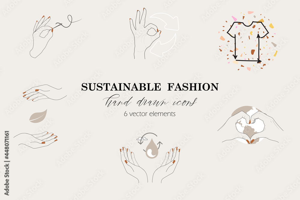 sustainable innovative slow eco fashion icons. responsible conscious consumerism and manufacturing infographic symbols. hand made, recycled, clothing. care for fiber planet water raw material textile - obrazy, fototapety, plakaty 