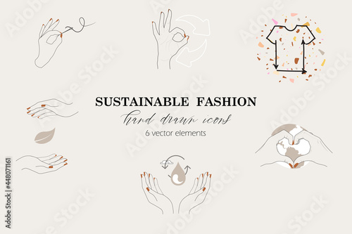 sustainable innovative slow eco fashion icons. responsible conscious consumerism and manufacturing infographic symbols. hand made, recycled, clothing. care for fiber planet water raw material textile