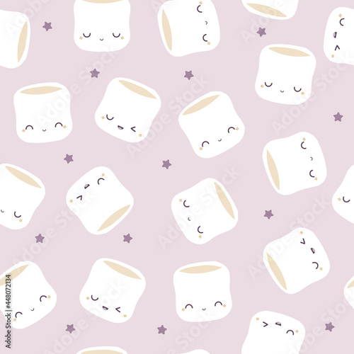 Seamless patten with cute marshmallows. Pastel kids print. Vector hand drawn illustration.