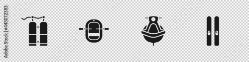 Set Aqualung, Rafting boat, Jet ski and Ski and sticks icon. Vector