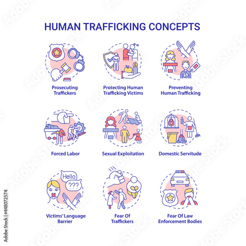 Human trafficking concept icons set. Illegal slavery and exploitation idea thin line color illustrations. Human trade. Post traumatic mental issues. Vector isolated outline drawings. Editable stroke photo