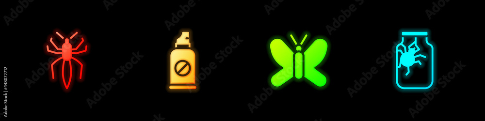 Fototapeta premium Set Spider, Spray against insects, Butterfly and jar icon. Vector