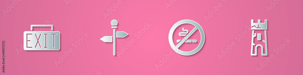 Set paper cut Exit sign, Road traffic signpost, No Smoking and Castle tower icon. Paper art style. Vector Set paper cut Exit sign, Road traffic signpost, No Smoking and Castle tower icon. Paper art style. Vector