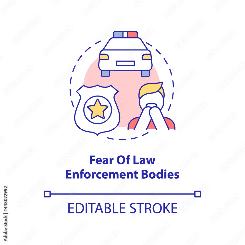 Fear of law enforcement bodies concept icon. Victims scared of police after freedom deprivation abstract idea thin line illustration. Vector isolated outline color drawing. Editable stroke Fear of law enforcement bodies concept icon. Victims scared of police after freedom deprivation abstract idea thin line illustration. Vector isolated outline color drawing. Editable stroke