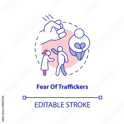 Fear of traffickers concept icon. Psychological vulnerability abstract idea thin line illustration. Traffickers emotional manipulation. Vector isolated outline color drawing. Editable stroke