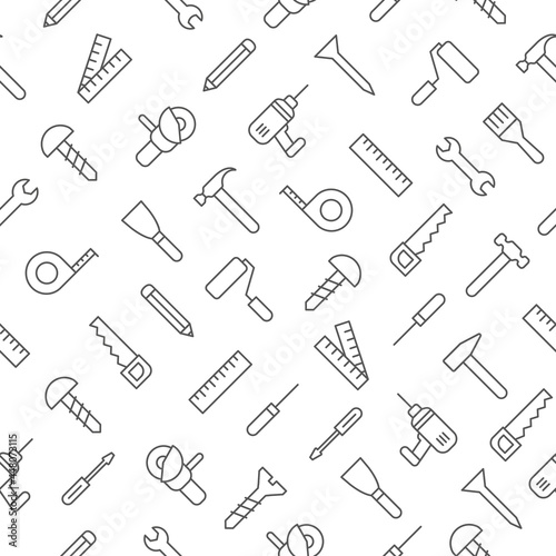 Tools line icon set seamless pattern. Repair work outline instruments. Vector isolated on white