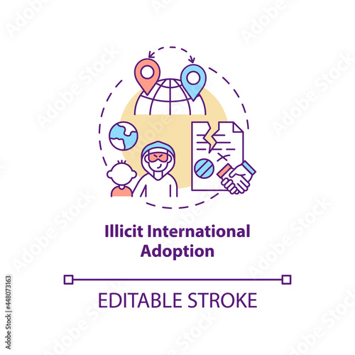 Illicit international adoption concept icon. Vulnerable kid trafficking abstract idea thin line illustration. Child laundering.Vector isolated outline color drawing. Editable stroke