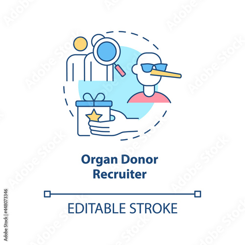 Organ donor recruiter concept icon. Illicit organ removal against person's will abstract idea thin line illustration. Black market trade. Vector isolated outline color drawing. Editable stroke