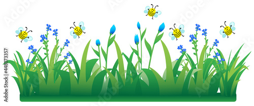 Cute bees flying on flowers and grass, cartoon vector illustration