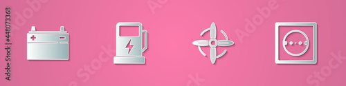 Set paper cut Car battery, Electric car charging station, Wind turbine and Electrical outlet icon. Paper art style. Vector