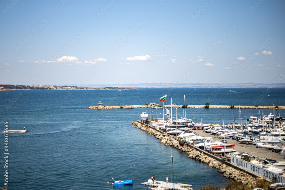 Sozopol, Burgas  Bulgaria - 07.25.2021: Midday summer view of the Sozopol marina
