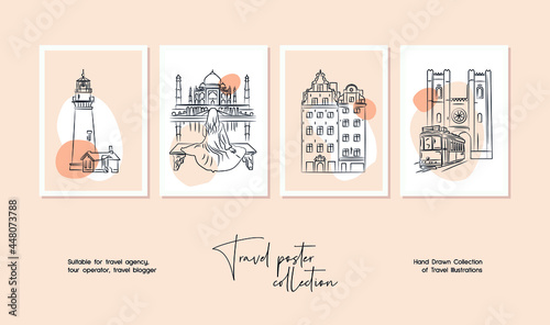 Minimal hand drawn travel vector illustration set for wall art or poster design.