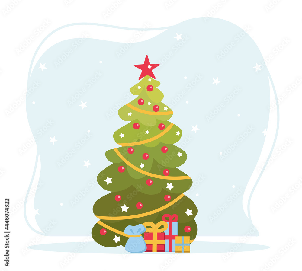 Christmas tree decorated with red balls, bright lights and stars on the isolate background. Lots of gift boxes. Spruce, evergreen tree. New year 2022. Flat vector illustration