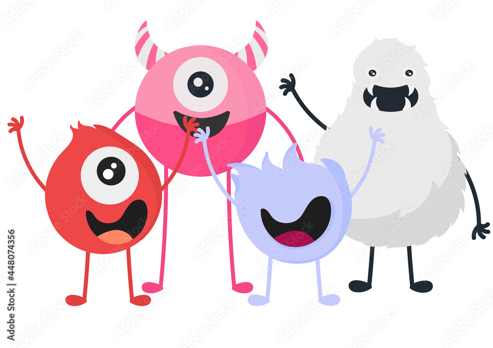 illustration of a family of monsters with a cheerful, cute and adorable face