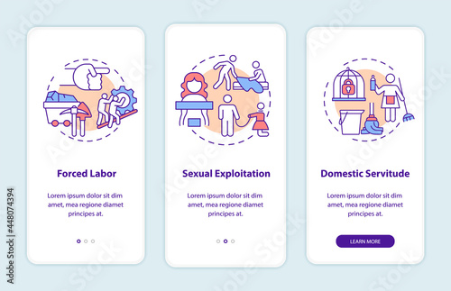 Human trafficking types onboarding mobile app page screen. Coercion to labor or sex walkthrough 3 steps graphic instructions with concepts. UI, UX, GUI vector template with linear color illustrations