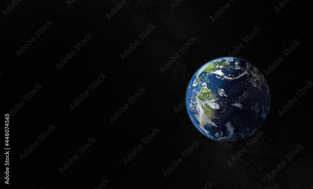 Obraz premium earth planet with city lights in the dark side - 3D rendering Maps from Nasa : https://visibleearth.nasa.gov/collection/1484/blue-marble
