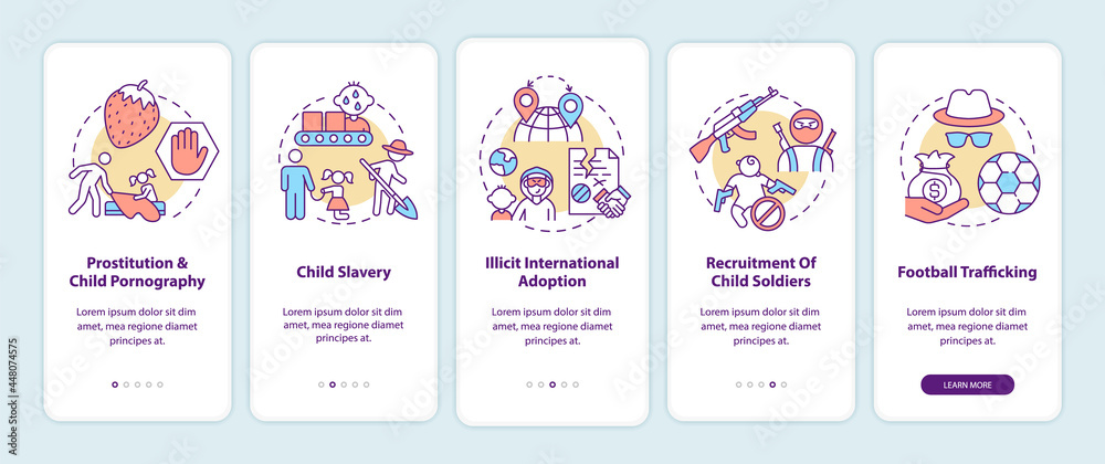 Trafficking of children onboarding mobile app page screen. Child exploitation walkthrough 5 steps graphic instructions with concepts. UI, UX, GUI vector template with linear color illustrations