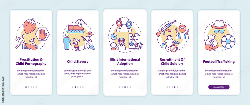 Trafficking of children onboarding mobile app page screen. Child exploitation walkthrough 5 steps graphic instructions with concepts. UI, UX, GUI vector template with linear color illustrations Trafficking of children onboarding mobile app page screen. Child exploitation walkthrough 5 steps graphic instructions with concepts. UI, UX, GUI vector template with linear color illustrations