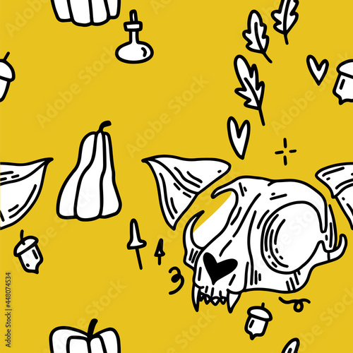 Hand-drawn pattern with cat skull. Halloween pattern with cats.