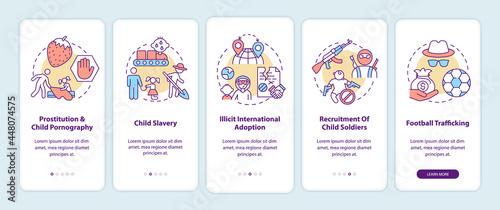 Trafficking of children onboarding mobile app page screen. Child exploitation walkthrough 5 steps graphic instructions with concepts. UI, UX, GUI vector template with linear color illustrations