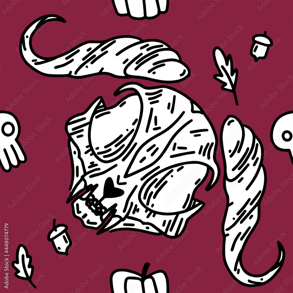 Naklejka premium Hand-drawn pattern with cat skull. Halloween pattern with cats.