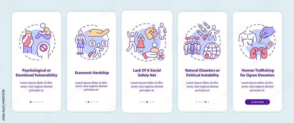 Human trafficking reasons onboarding mobile app page screen. Causes for human trade walkthrough 5 steps graphic instructions with concepts. UI, UX, GUI vector template with linear color illustrations