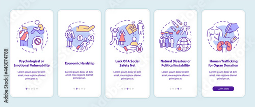 Human trafficking reasons onboarding mobile app page screen. Causes for human trade walkthrough 5 steps graphic instructions with concepts. UI, UX, GUI vector template with linear color illustrations