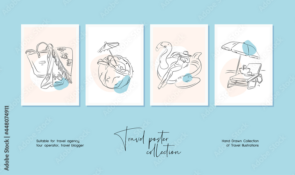 Obraz premium Minimal hand drawn travel vector illustration set for wall art or poster design.